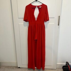 GB Social Orange Red Dress Jumpsuit Overlay Plunge Open‎ Back Party glam hoco